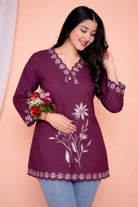 FF Wine Cotton Designer Western Ladies Top Tunic Suppliers In India